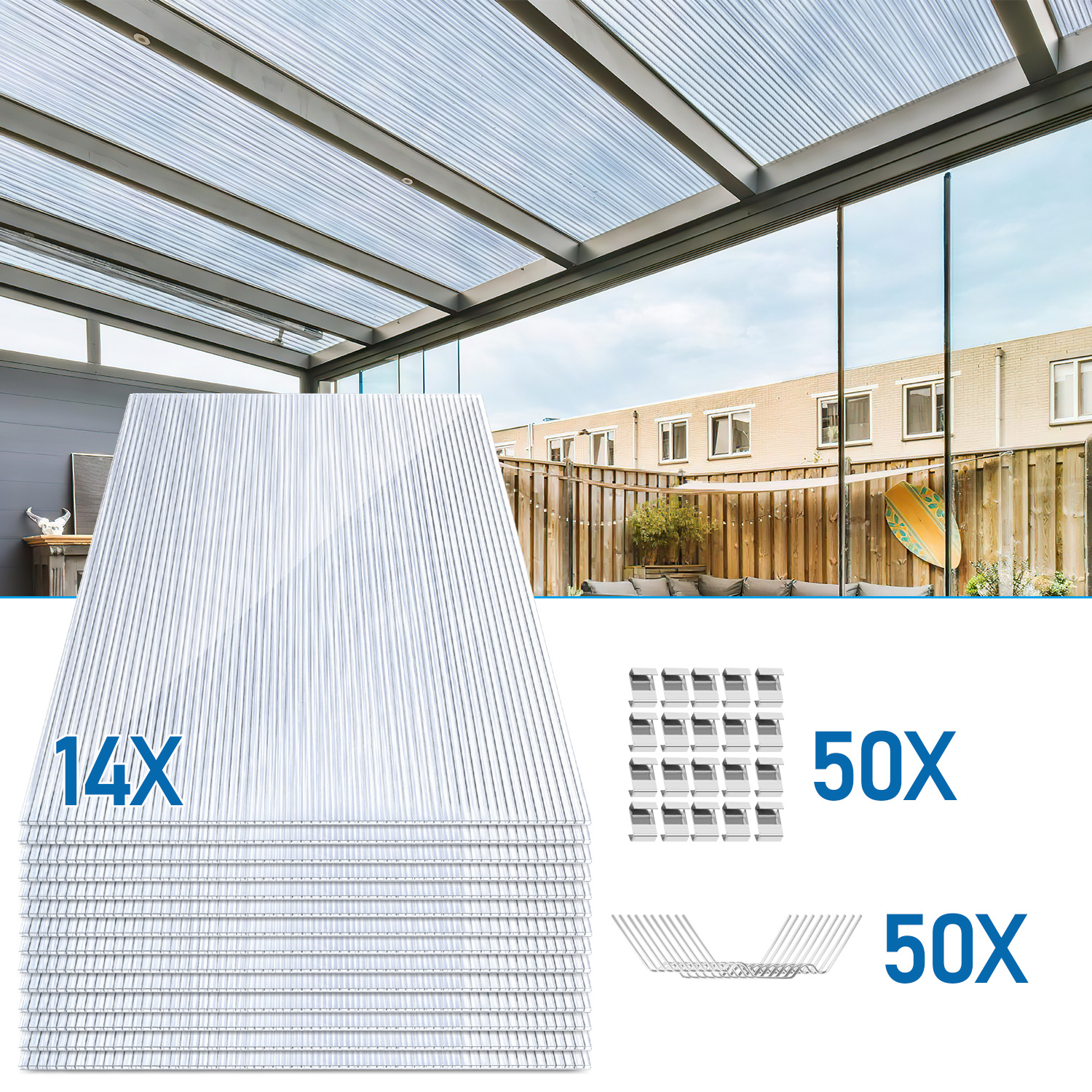 Jiubiaz 4 Mm Doppelstegplatte Polycarbonat Klar 121 X 60,5 Cm, 14 Stück Für Gewächshaus, Dach & Terrassenüberdachung, Inkl. 50 W-clips & 50 Z-clips Aus 304 Edelstahl