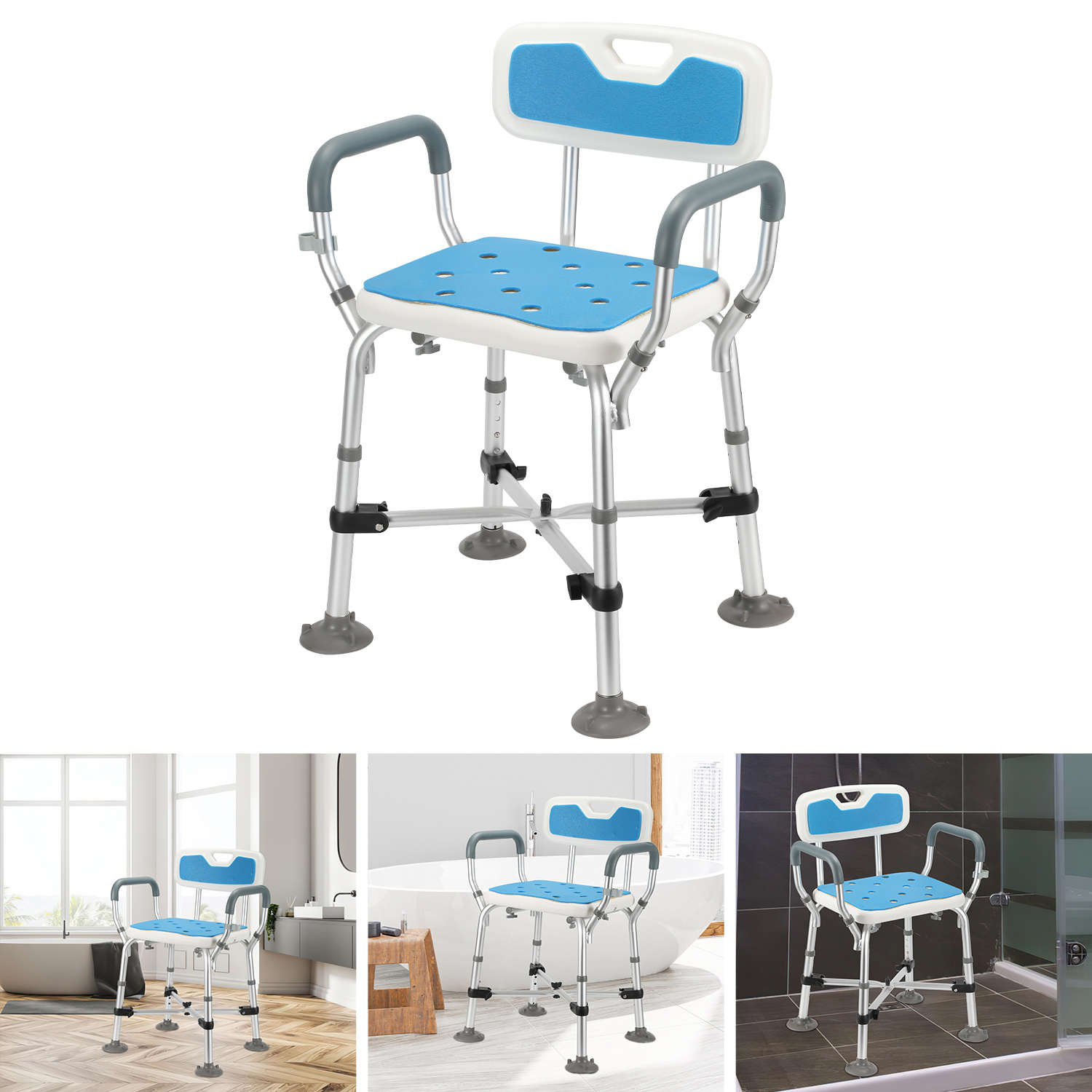 Jiubiaz Verstärkter Duschstuhl Mit Rückenlehne Und Polster, Extra Stabile Kreuzstütze, Breite Rutschfeste Füße, 180 Kg