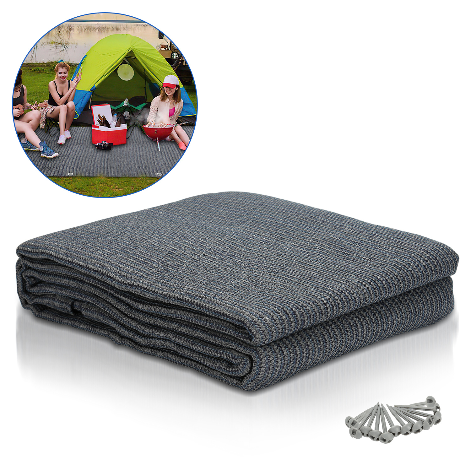 Jiubiaz Campingteppich Aus Hdpe, 240 G/m², Blaugrau - 250 X 250 Cm, 1 Teppich, Inkl. 13 Heringe, Uv-stabil, Beidseitig Nutzbar