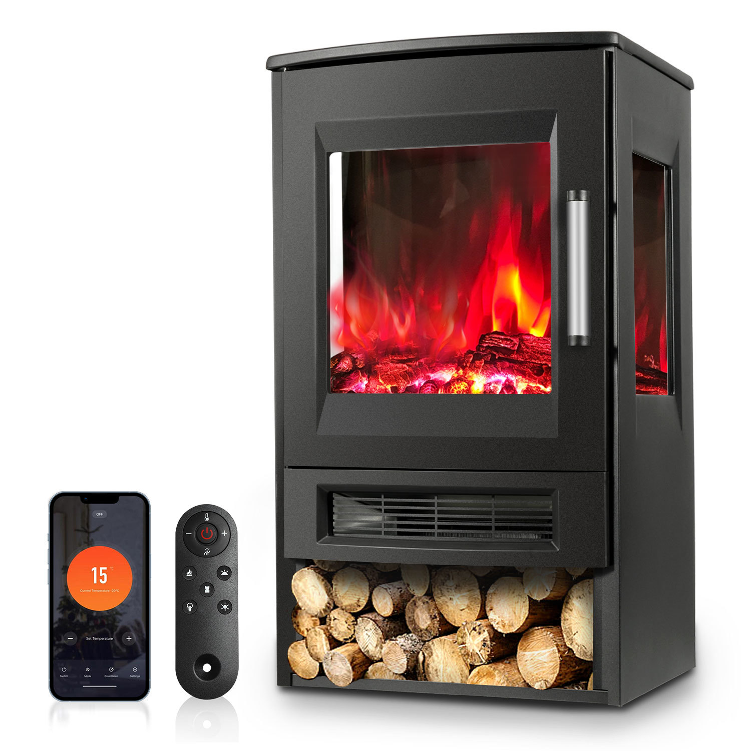 Jiubiaz Elektrokamin 900/1800 W Kamin Mit Fernbedienung Und 8 Flammenfarben, Schwarz Standkamin