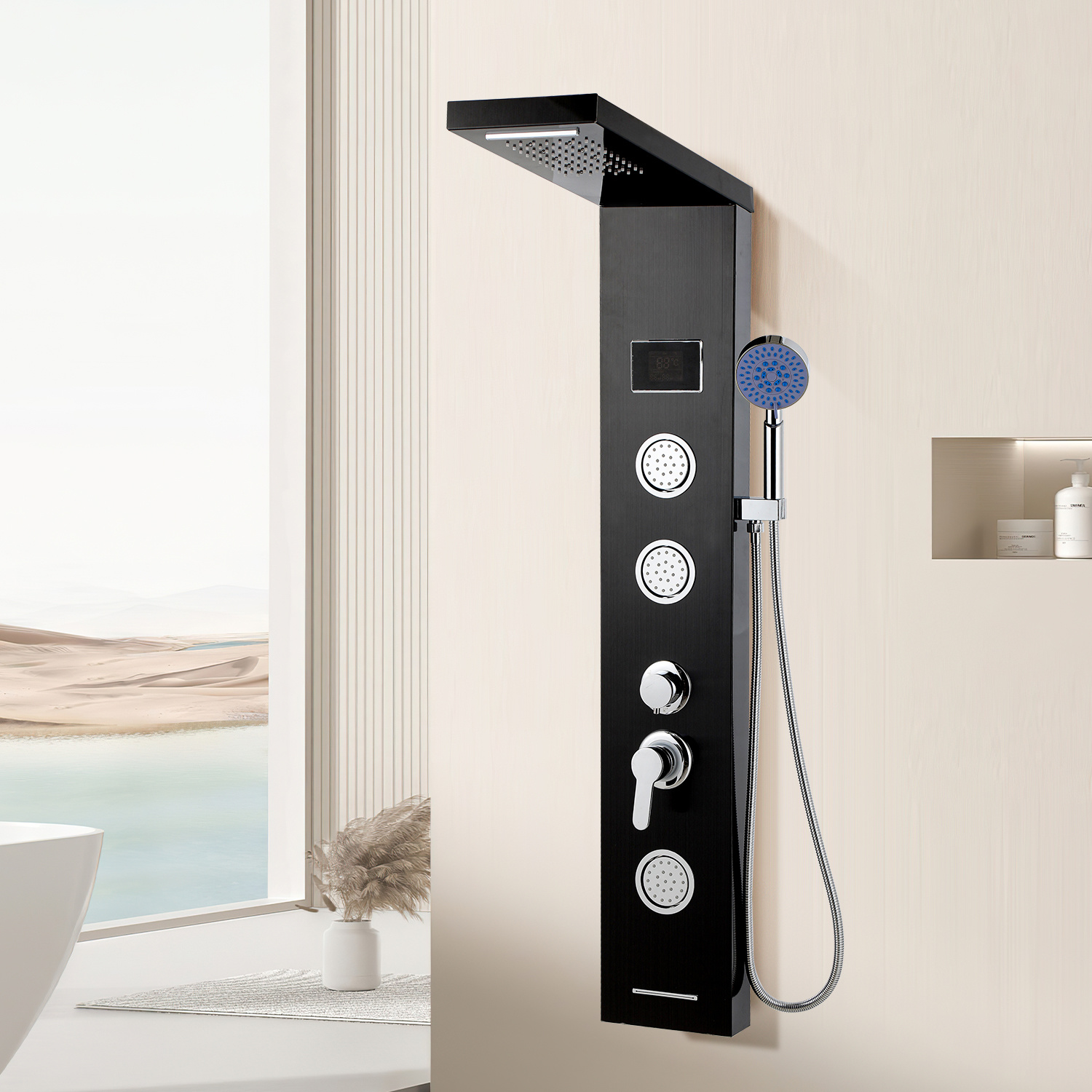 Jiubiaz Duschpaneel 5 In 1 Aus Edelstahl Schwarz Mit Led-display, Regendusche, Wasserfall, Massage, Wanneneinlauf Und Handbrause