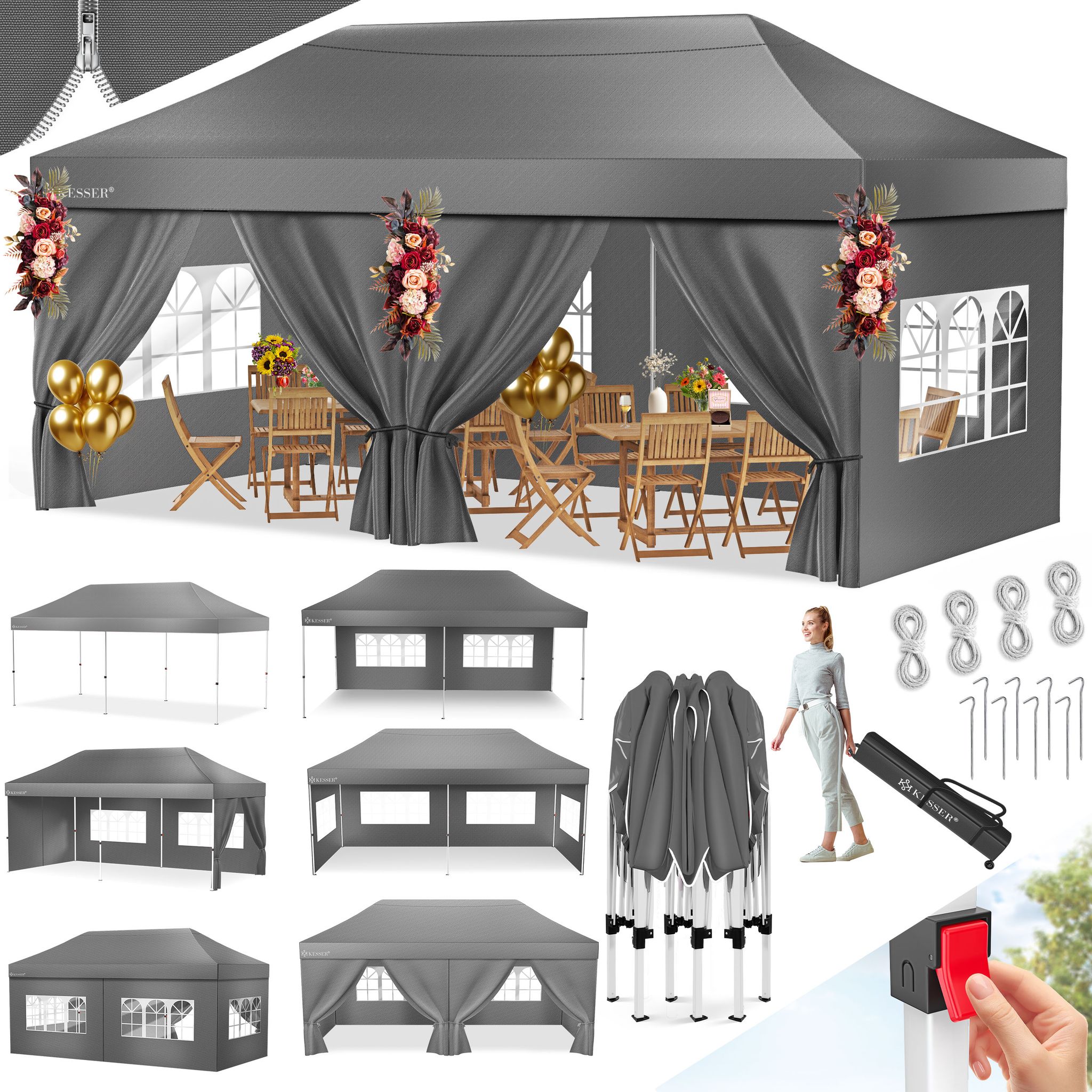 Kesser® Faltpavillon 6 X 3 M, 6 Seitenwände, Wasserdicht, Uv 50+ - Anthrazit