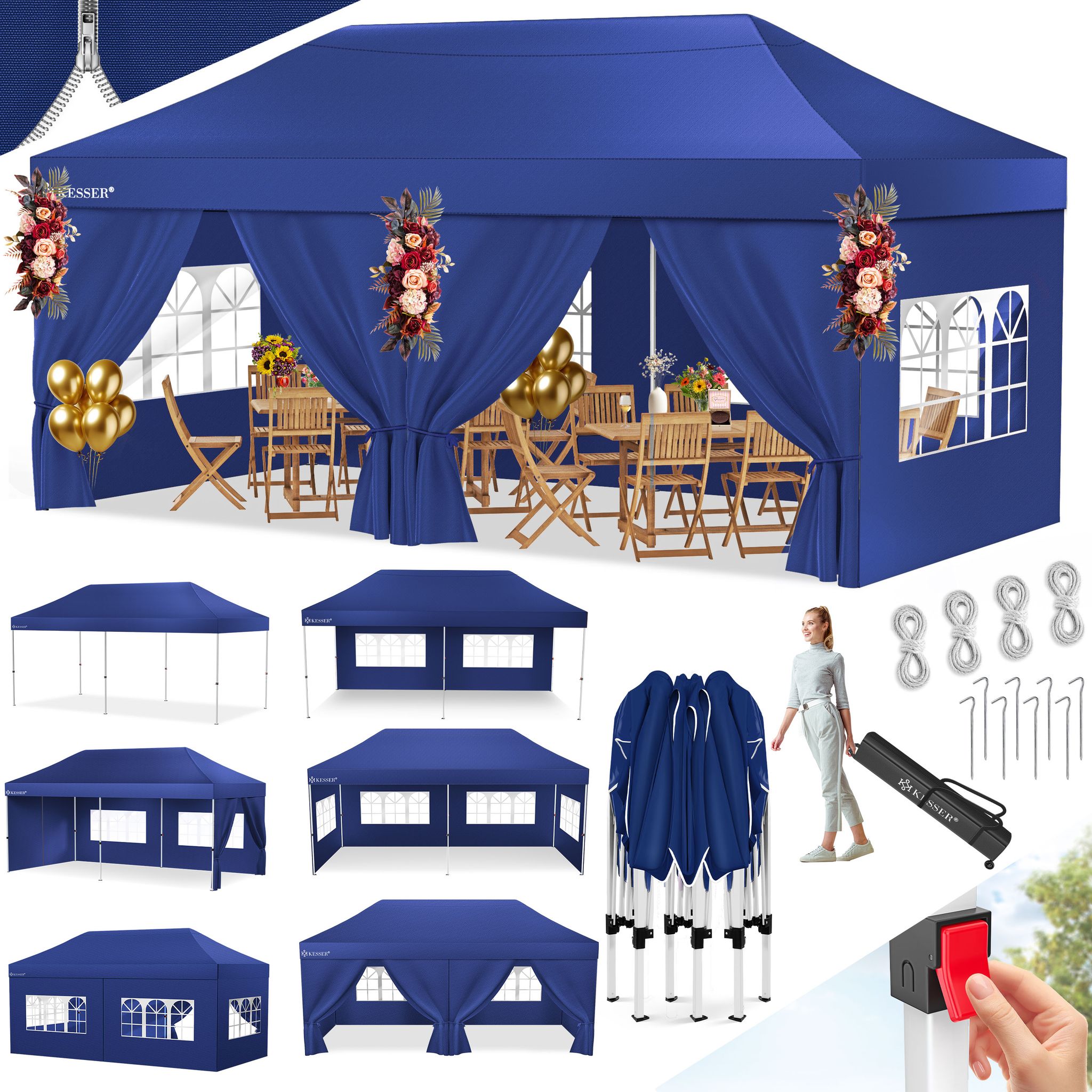Kesser® Faltpavillon 6 X 3 M, 6 Seitenwände, Wasserdicht, Uv 50+ - Navyblau