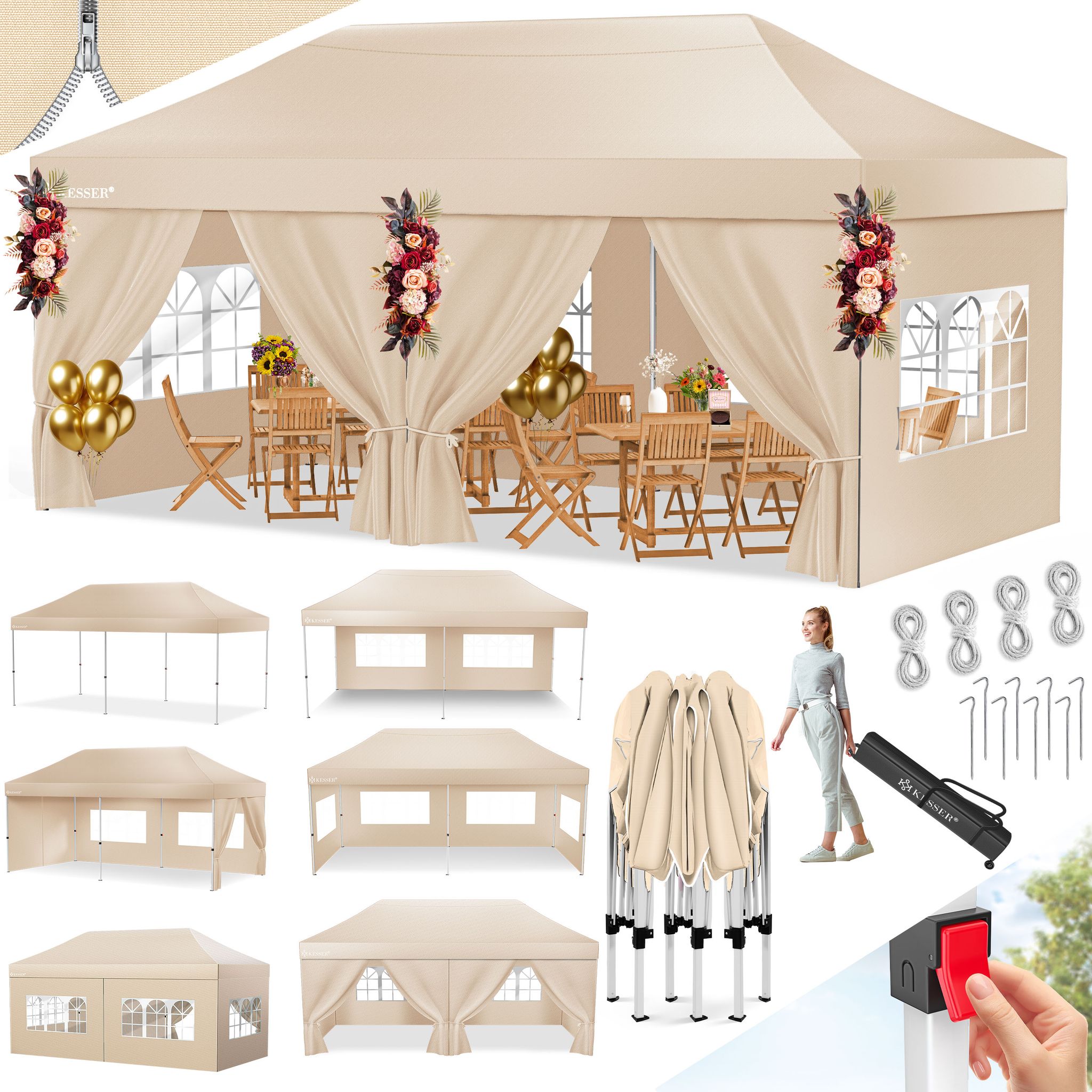 Kesser® Faltpavillon 6 X 3 M, 6 Seitenwände, Wasserdicht, Uv 50+ - Beige