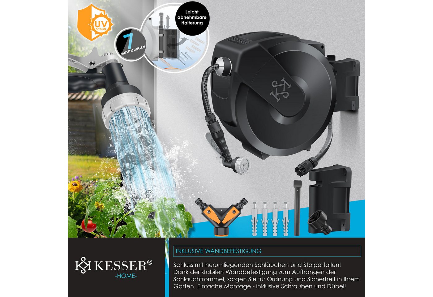 Kesser® Schlauchtrommel Wandmontage, Auto-aufrollung - 15 M, Anthrazit / Schwarz
