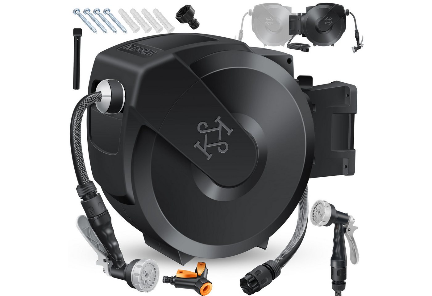 Kesser® Schlauchtrommel Wandmontage, Auto-aufrollung - 15 M, Anthrazit / Schwarz Bild 2