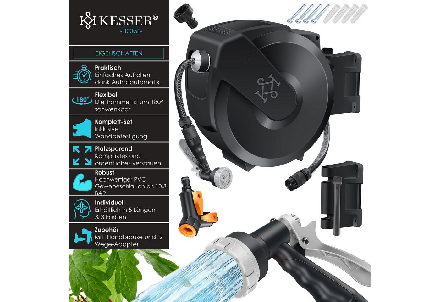 Kesser® Schlauchtrommel Wandmontage, Auto-aufrollung - 15 M, Anthrazit / Schwarz Bild 3