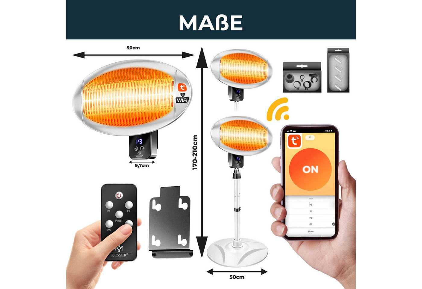 Kesser® Infrarot-heizstrahler, 2000 W, Wifi - Silber / Weiß Bild 2