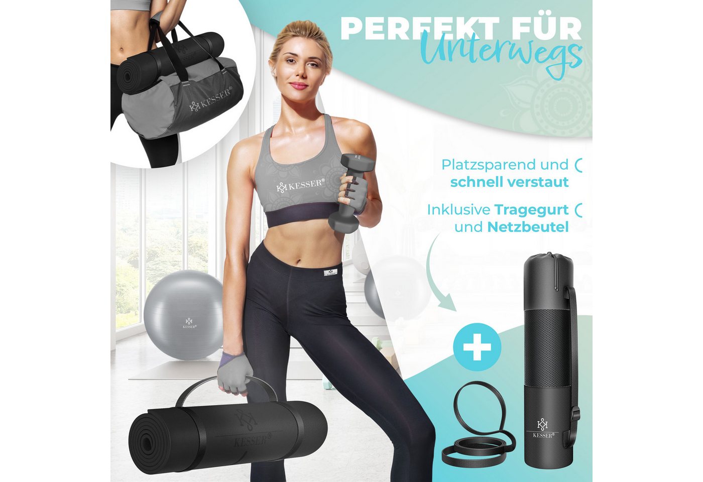 Kesser® Gymnastikmatte Tpe, Rutschfest, 183 X 61 Cm - Schwarz/schwarz Bild 3
