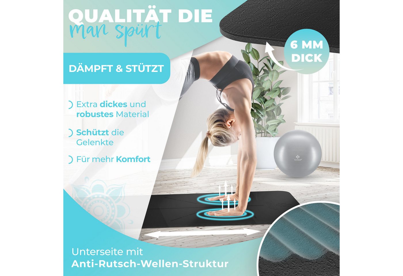 Kesser® Gymnastikmatte Tpe, Rutschfest, 183 X 61 Cm - Schwarz/schwarz Bild 5