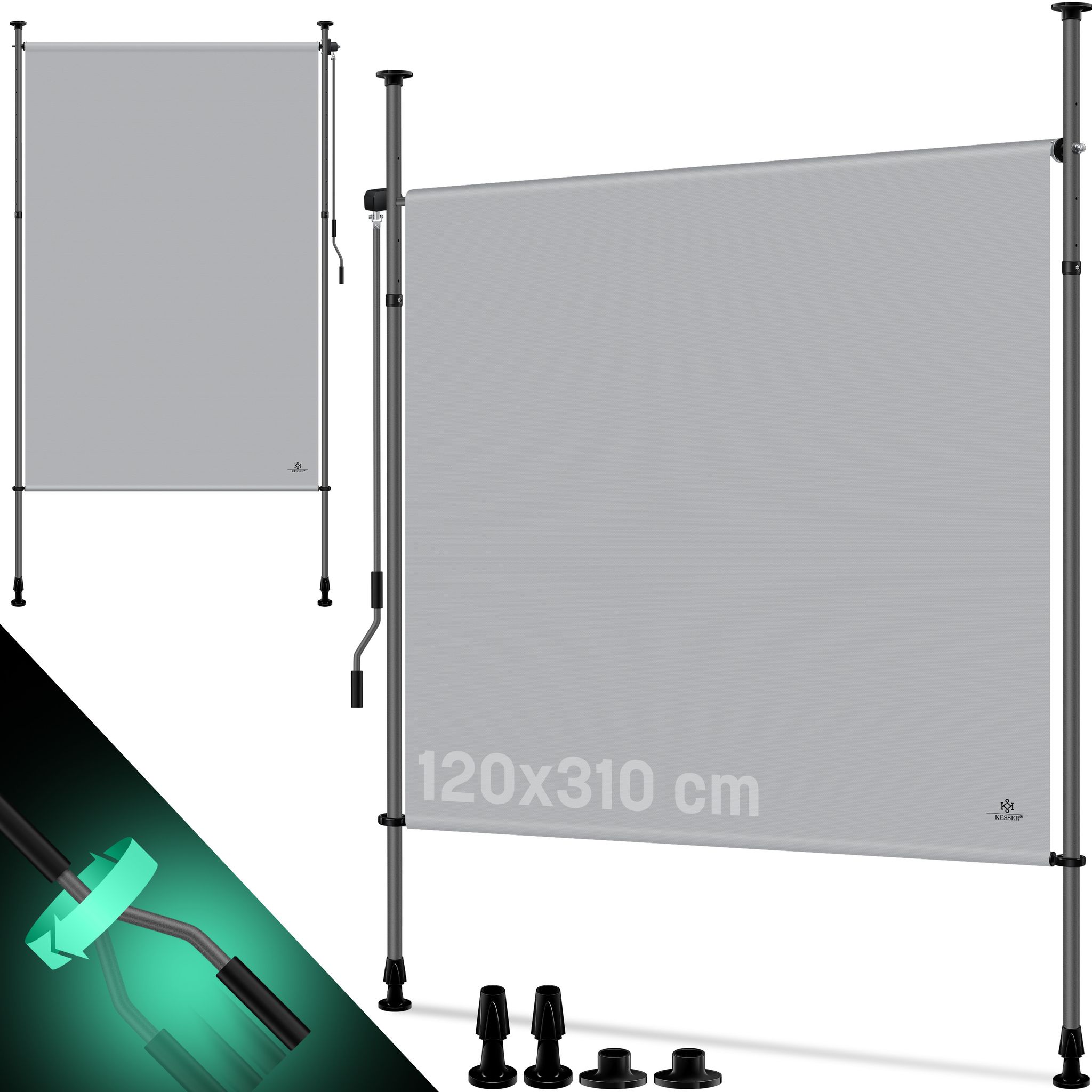 Kesser® Klemmmarkise, Senkrechtmarkise, Blickdicht - 120x310 Cm, Grau