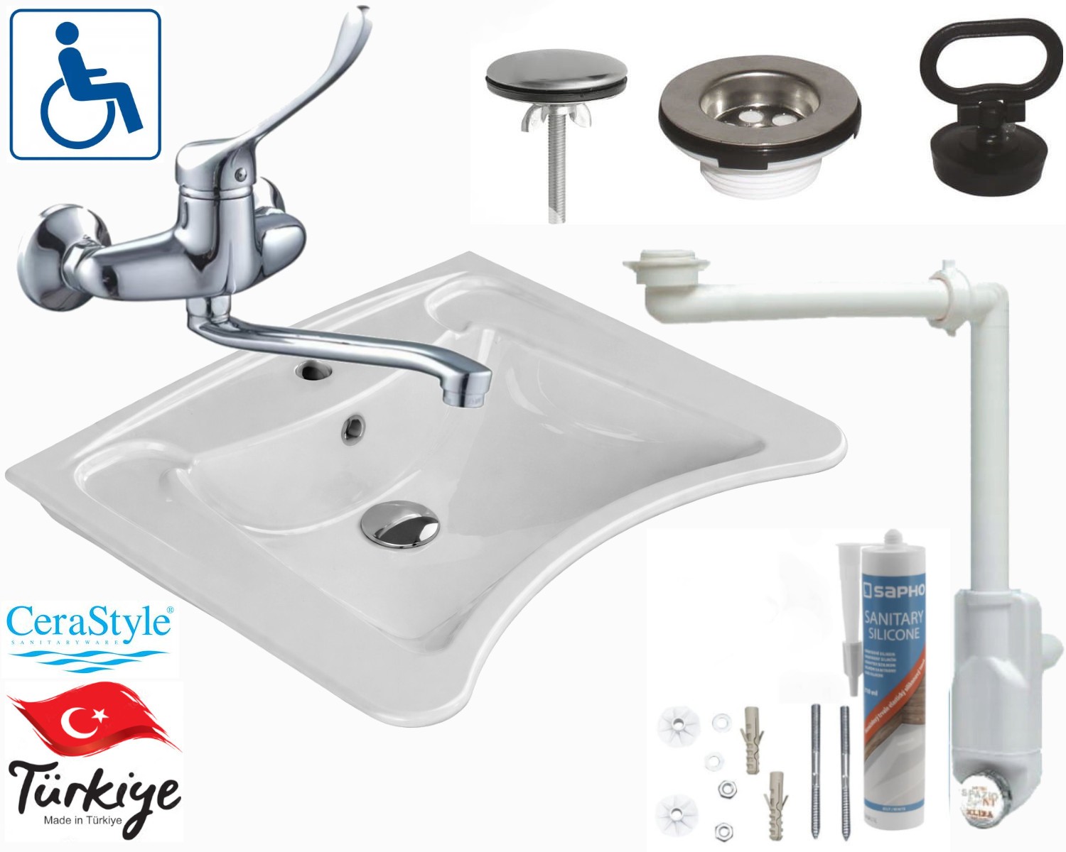 Waschbecken Für Behinderte Mit Wandarmatur Und Siphon Cerastyle 63x50x20,5 Cm