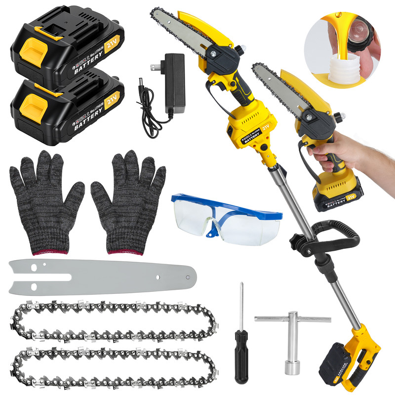 Fianao – Astsäge – Kettensäge – 2-in-1 Akkubetrieben, 6-zoll, Bürstenloser Motor, 2 Akkus 1,5ah, Ausziehbarer Stab Bis 1,8m – Zum Baumbeschneiden – Maße:30–180 ×15 ×15 Cm – Gelb