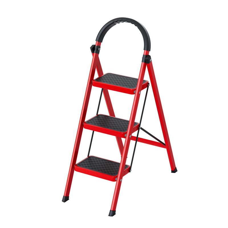 Fianao – Trittleiter – Klapptritt – 3 Stufen, Klappbar, Hochbelastbar Bis 150kg, Platzsparend – Für Haus, Wohnmobil Und Außenarbeiten – Maße: 90 × 52 × 38 Cm – Rot