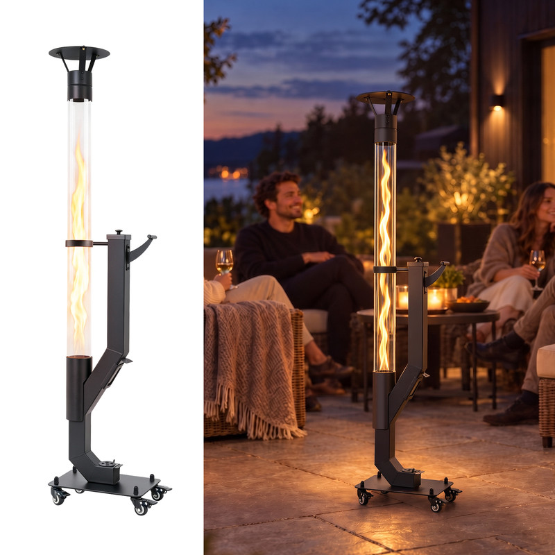 Gbly Mobiler Außen‑pelletofen Ohne Gas Und Strom Robustes Borosilikatglas Integrierte Rollen Heizgerät Für Terrasse Garten Balkon Dekorative Flammenatmosphäre Im Außenbereich
