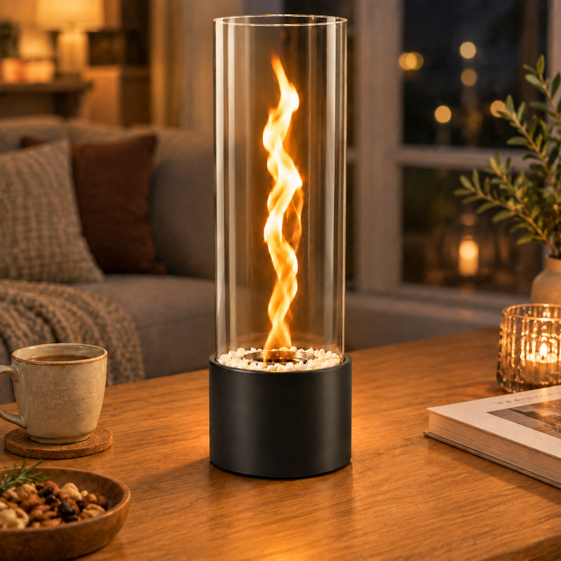 Gbly Tisch‑bioethanol‑kamin Zylindrischer Glasbrenner Tragbarer Kamin Für Innen‑ Und Außenbereich Mit Realistischer Flammenatmosphäre