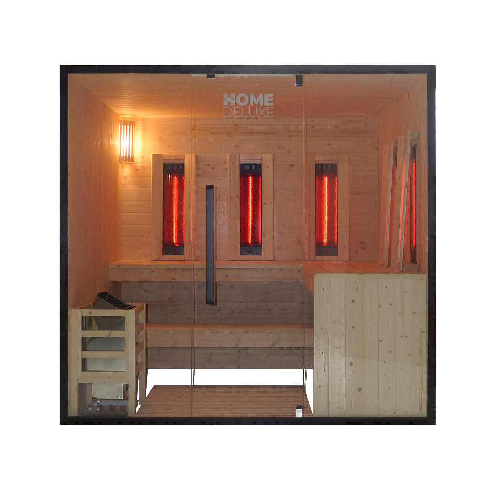 Home Deluxe Kombisauna Everest - Xl I Kombisauna, Kombisauna Fichtenholz, Sauna Schwarzer Rahmen, Sauna Glasfront Modern Heimsauna Fichte Massiv, Sauna Mit Zubehör Set, Finnische Sauna Mit Infrarot,
