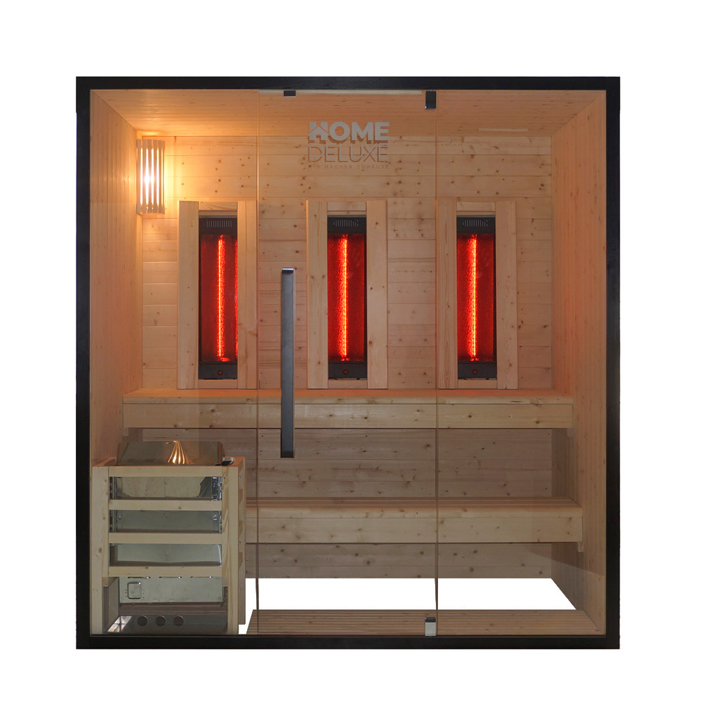 Home Deluxe Kombisauna Everest - L I Kombisauna, Kombisauna Fichtenholz, Sauna Schwarzer Rahmen, Sauna Glasfront Modern Heimsauna Fichte Massiv, Sauna Mit Zubehör Set, Finnische Sauna Mit Infrarot, I
