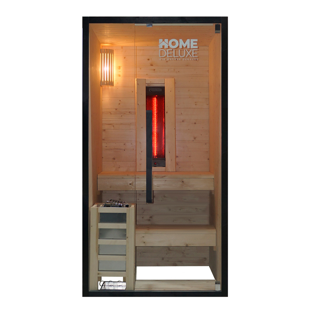 Home Deluxe Kombisauna Everest - S I Kombisauna, Kombisauna Fichtenholz, Sauna Schwarzer Rahmen, Sauna Glasfront Modern Heimsauna Fichte Massiv, Sauna Mit Zubehör Set, Finnische Sauna Mit Infrarot, I