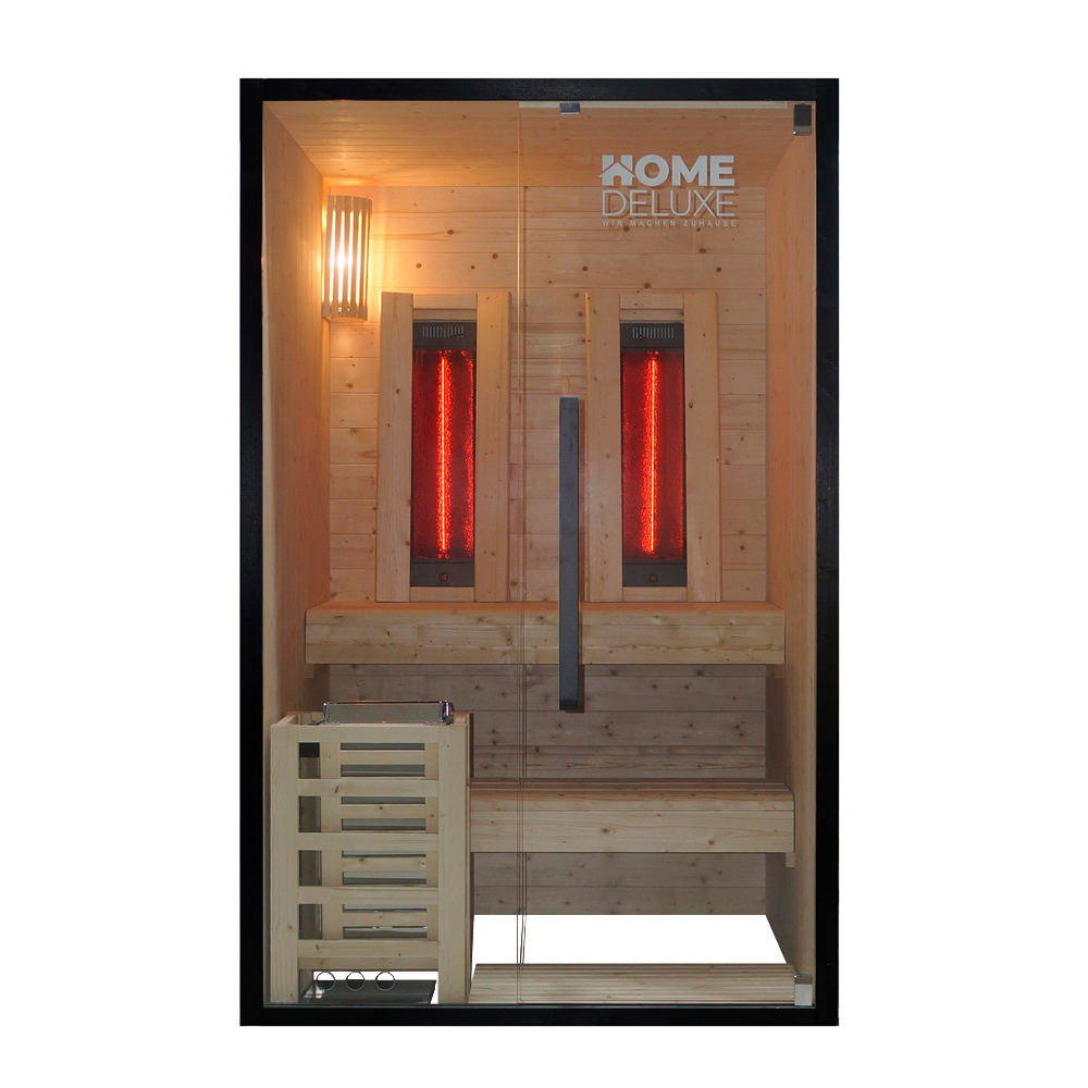 Home Deluxe Kombisauna Everest - M I Kombisauna, Kombisauna Fichtenholz, Sauna Schwarzer Rahmen, Sauna Glasfront Modern Heimsauna Fichte Massiv, Sauna Mit Zubehör Set, Finnische Sauna Mit Infrarot, I