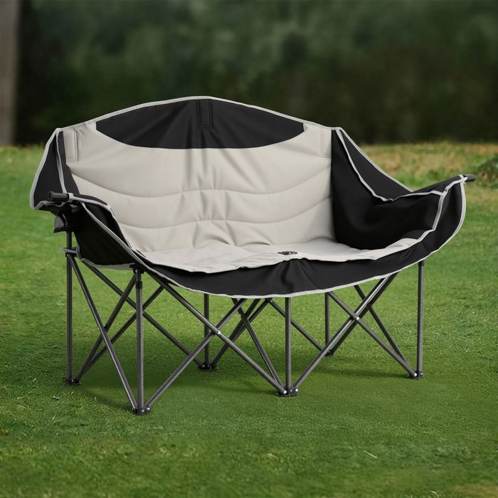 Klappbarer Campingstuhl Für 2 Personen – Mit Getränkehalter Und Tragetasche – Belastbar Bis 200 Kg – 93,5 × 47 × 90 Cm – Schwarz Und Weiß – Home Nature Wohnkonzept