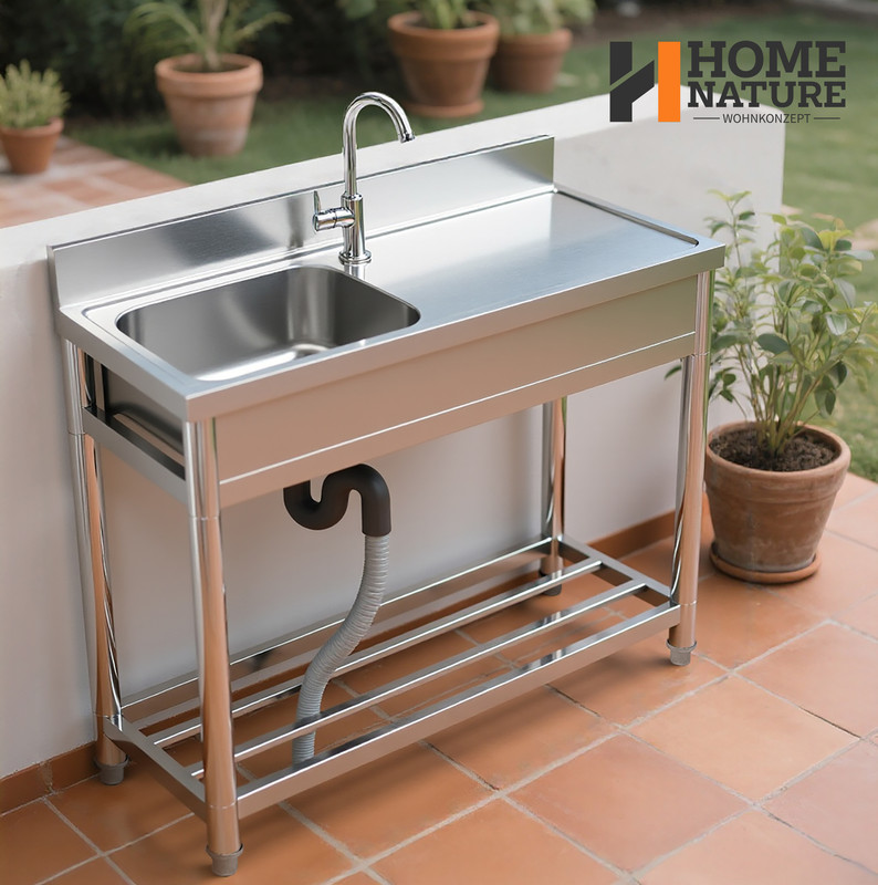 Edelstahl-küchenspüle – 1 Becken Links – Wasserhahn – Ablagefläche – Für Gewerbe Und Außenbereich – 100 × 50 × 90 Cm – Home Nature Wohnkonzept