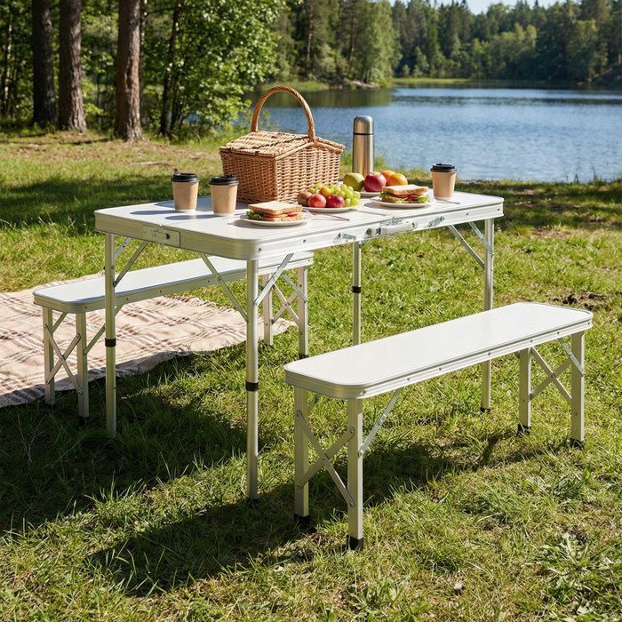 Klappbarer Picknicktisch Für 4 Personen – Aluminium Und Mdf – 2 Bänke Mit Sonnenschirmöffnung – Kofferformat – Weiß – Home Nature Wohnkonzept