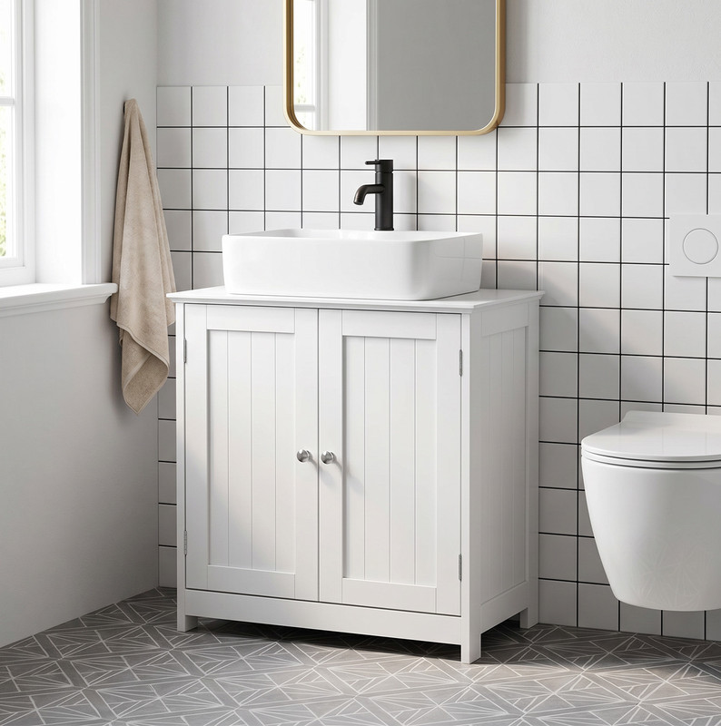 Waschbecken-unterschrank – Weißes Mdf – 60 × 30 × 60 Cm – 2 Türen Und 2 Ablageflächen – Aussparung Für Siphon – Home Nature Wohnkonzept