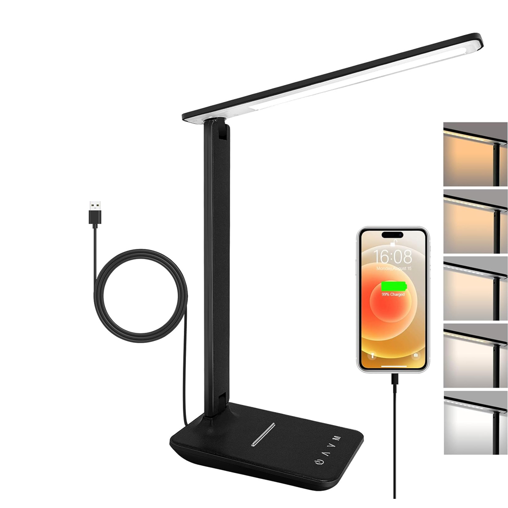 Led-bürolampe Mit Adapter, Biegsame, Dimmbare Lampe Mit 5 Farbmodi, Usb-ladeanschluss, Für Lecture Travail (schwarz)