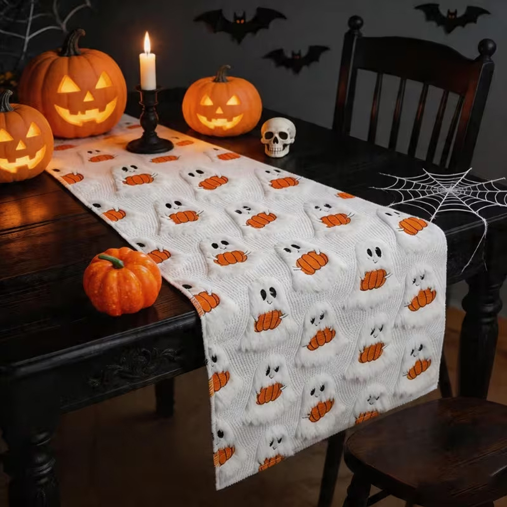 Chemin De Table Halloween, 33 X 183 Cm, Chemin De Table En Peluche Jacquard 3d Mit Fantôme Und Citrouille, Dekoration Des Table Halloween Mignonne