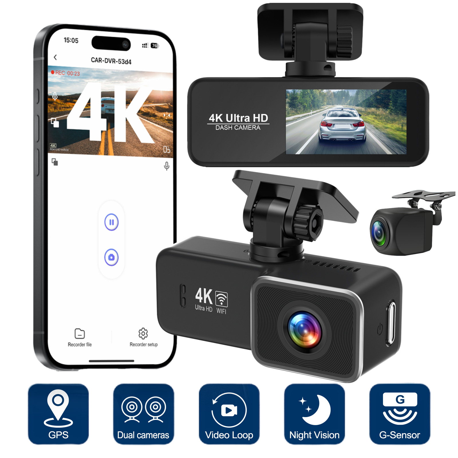 4k-frontkamera, 1080p-rückfahrkamera, 1,97-zoll-ips-bildschirm, Yi830c-chip, Autokamera Mit G-sensor, Loop-aufnahme, Wlan Für Die Video-app