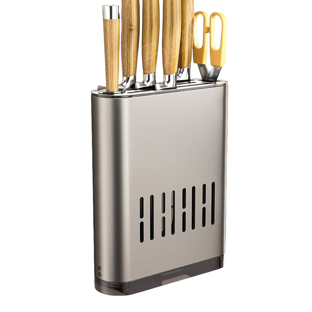 Bloc Couteaux Cuisine Mural, Support Couteaux En Aluminium Avec Bac Égouttoir, Bloc Couteaux Universel Et Porte Ustensiles Cuisine Mural
