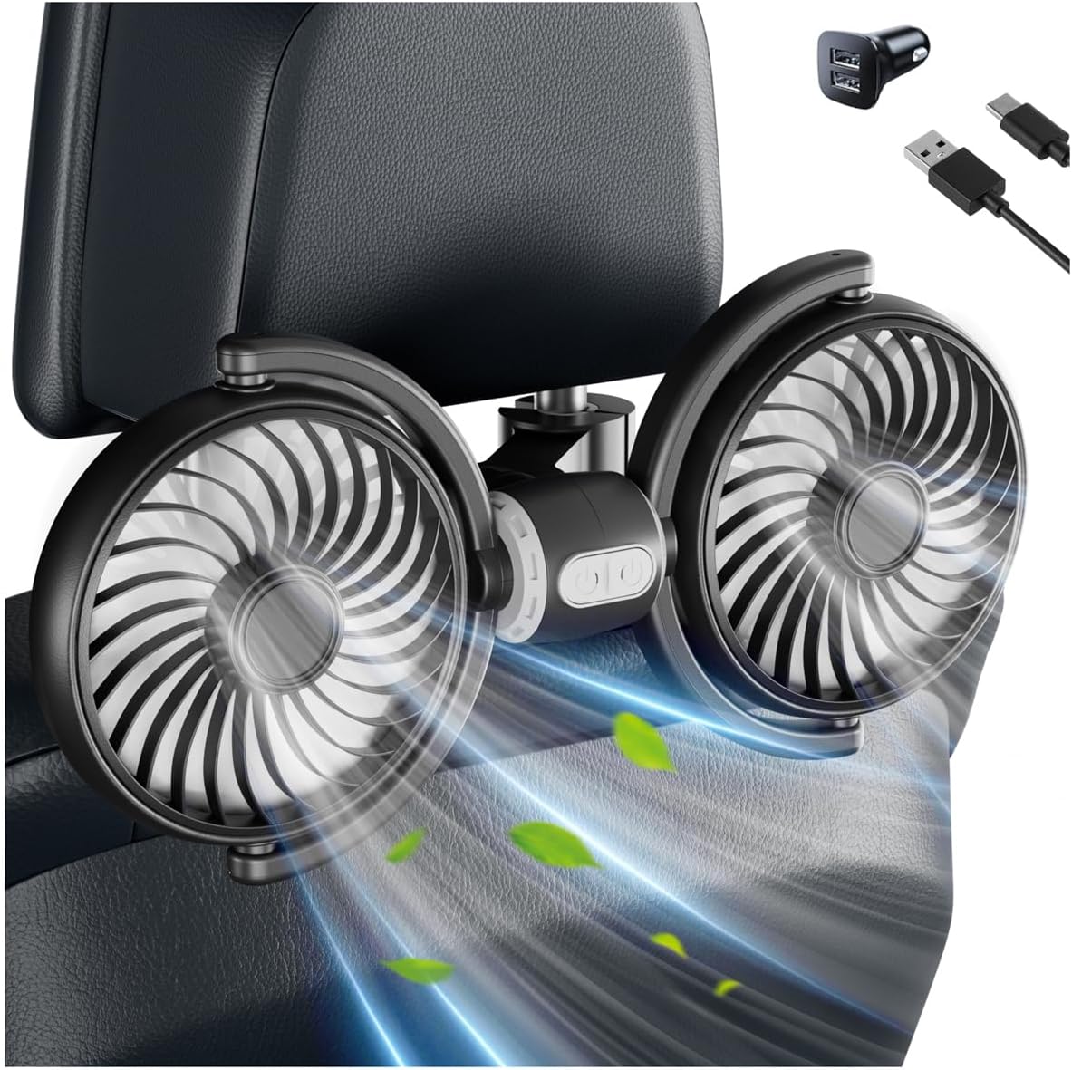 Auto-ventilator Mit Auto-ladegerät, Auto-ventilator 12 V, Doppel-tête-ventilator, 360°-drehung, Baby-autositz, 3 Vitessen