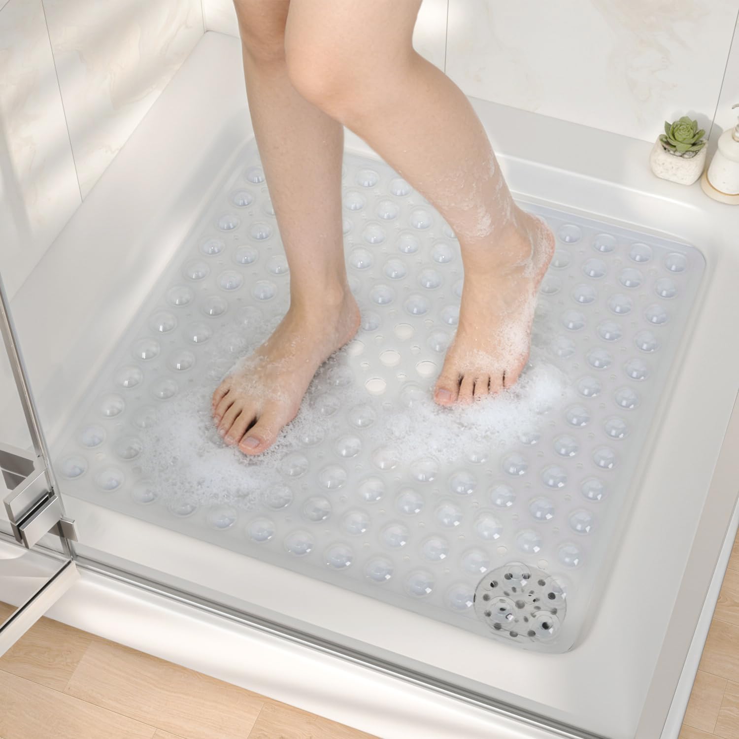 Tapis De Douche Antidérapant, 53x53cm Tapis De Baignoire Mit Lüftungsschlitzen, Waschbares Tapis De Bain Sans Bpa, Doux Pour Les Pieds, Transparent