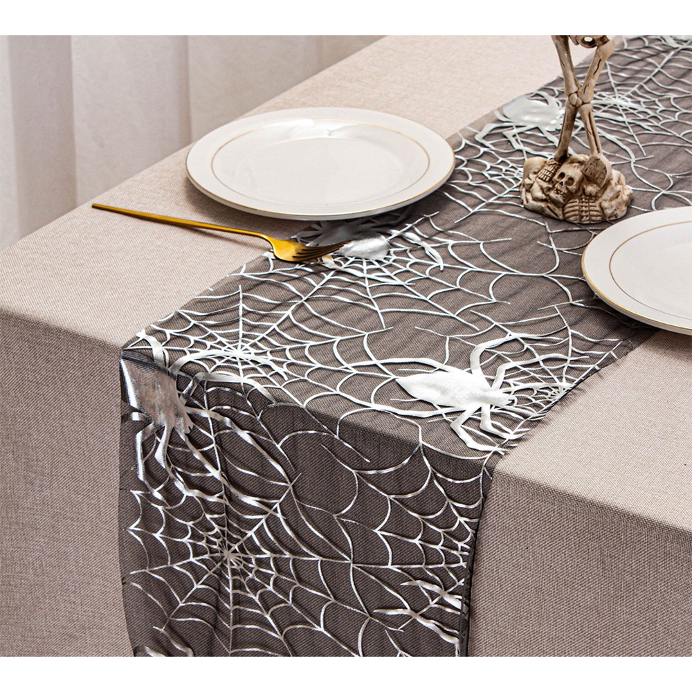 Dekoration Halloween, Chemin De Table Halloween Toilet D'Araignée 28 X 275 Cm, Noir Argent Dekoration Table D'Halloween Pour Intérieur Extérieur