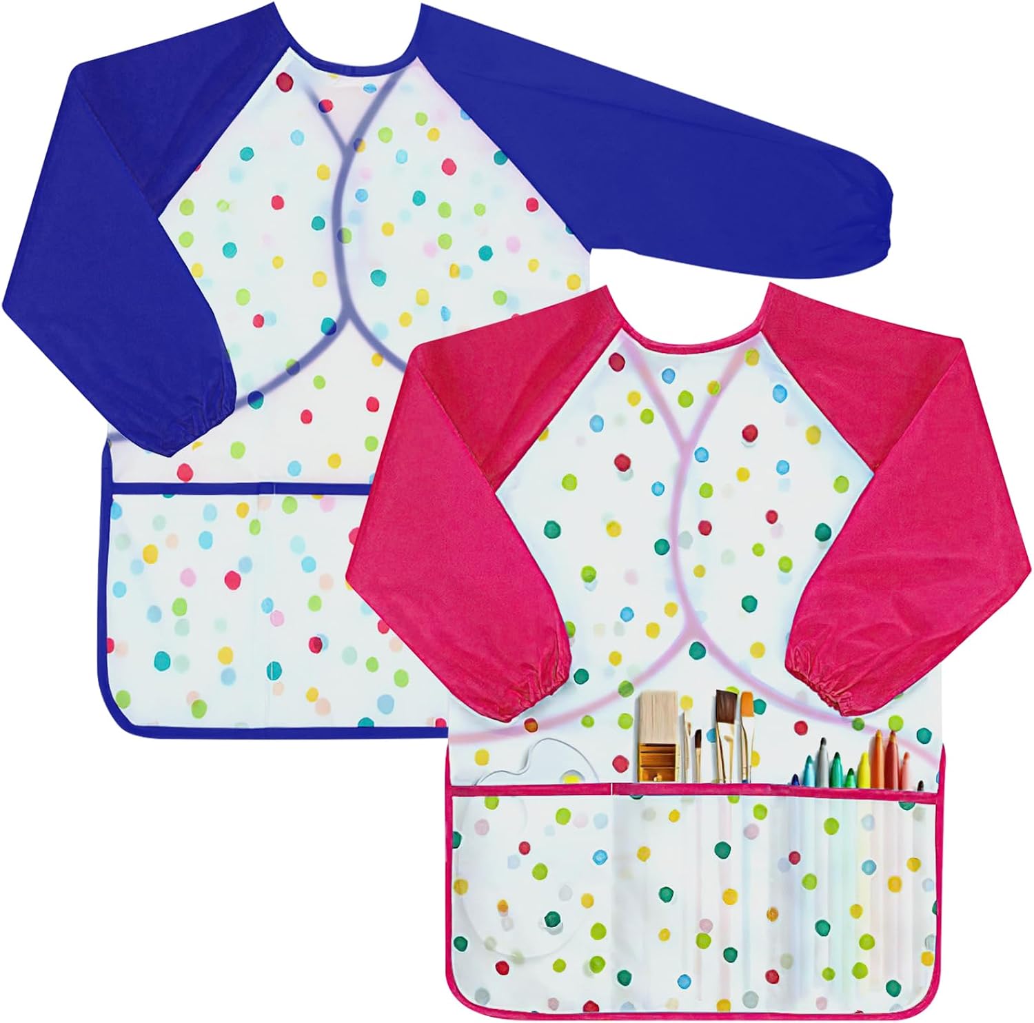 (2 Stück) Bluse Für Kinder, Wasserfest, Für Kinder Mit 3 Taschen, Für Malerei, Kunsthandwerk Und Küche (rose&bleu)