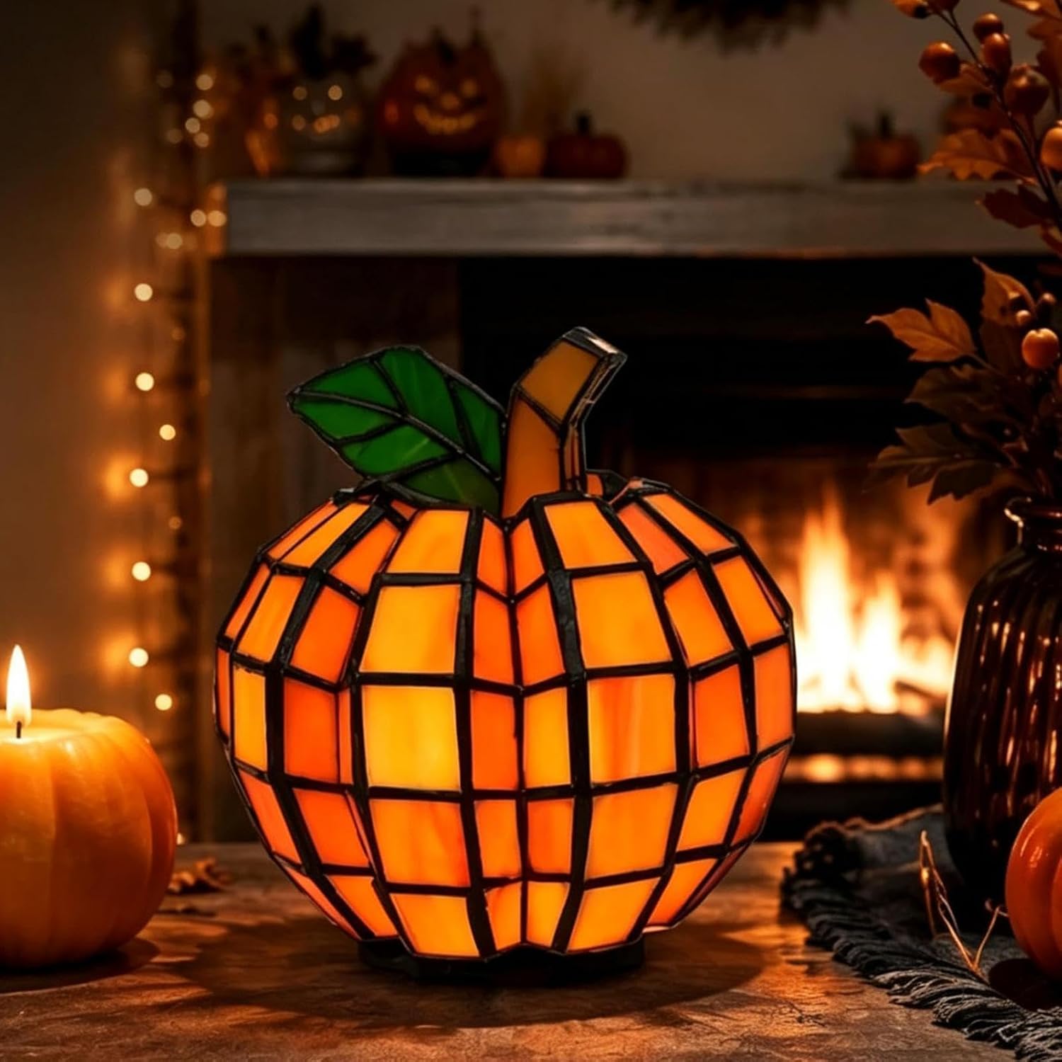 Lampe Citrouilles Vitrail Géante, Laterne Dekor Halloween Automne Avec Lumière Chaude Led. Innendekoration Für Halloween Und Herbst