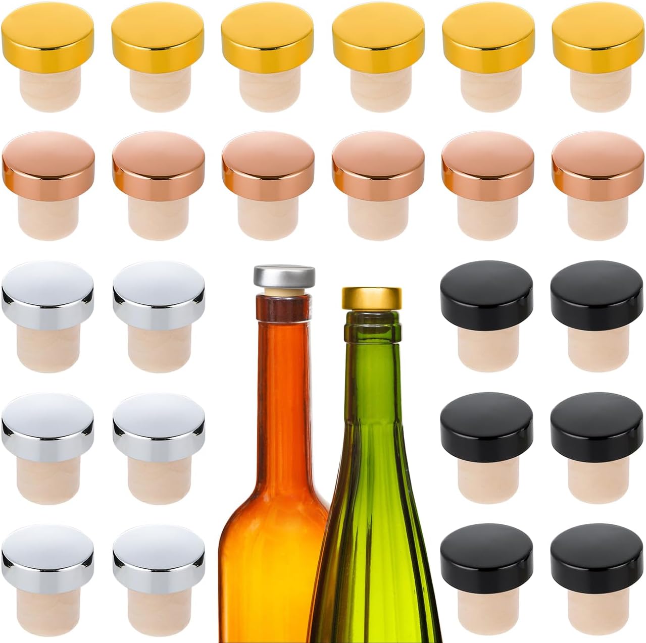 (24 Stück) Bouchons De Bouteille De Vin En Verre Forme De T Pour Boissons, Vin, Bière, Champagne, En Liège Réutilisables (or, Argent, Noir, Or Rose