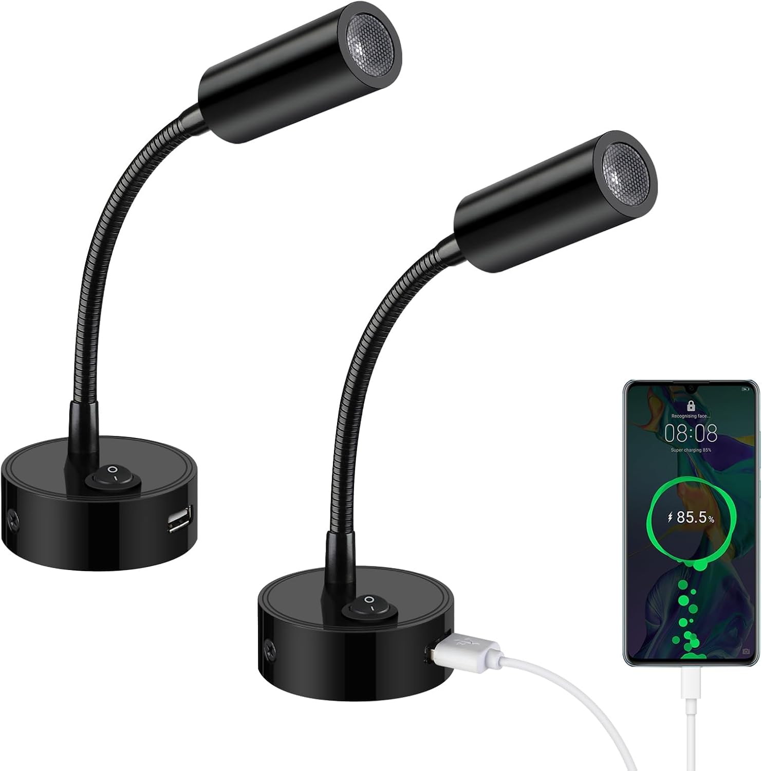 (2 Stück) Lecture-led-lampen Für Campingwagen Mit Flexiblem Cygne-cock Und Weißem Port Mit Innenbeleuchtung Für Boote, Wohnwagen, Yachten, Schwarz