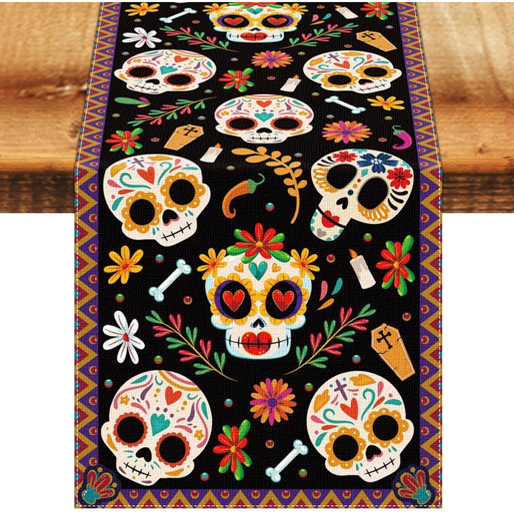 (2x Dia De Los Muertos Chemin De Table Décoratif Dia De Los Muertos – Deckendekoration Für Halloween Mit Blumen Vom Totenkopf, Mexiko, Karneval