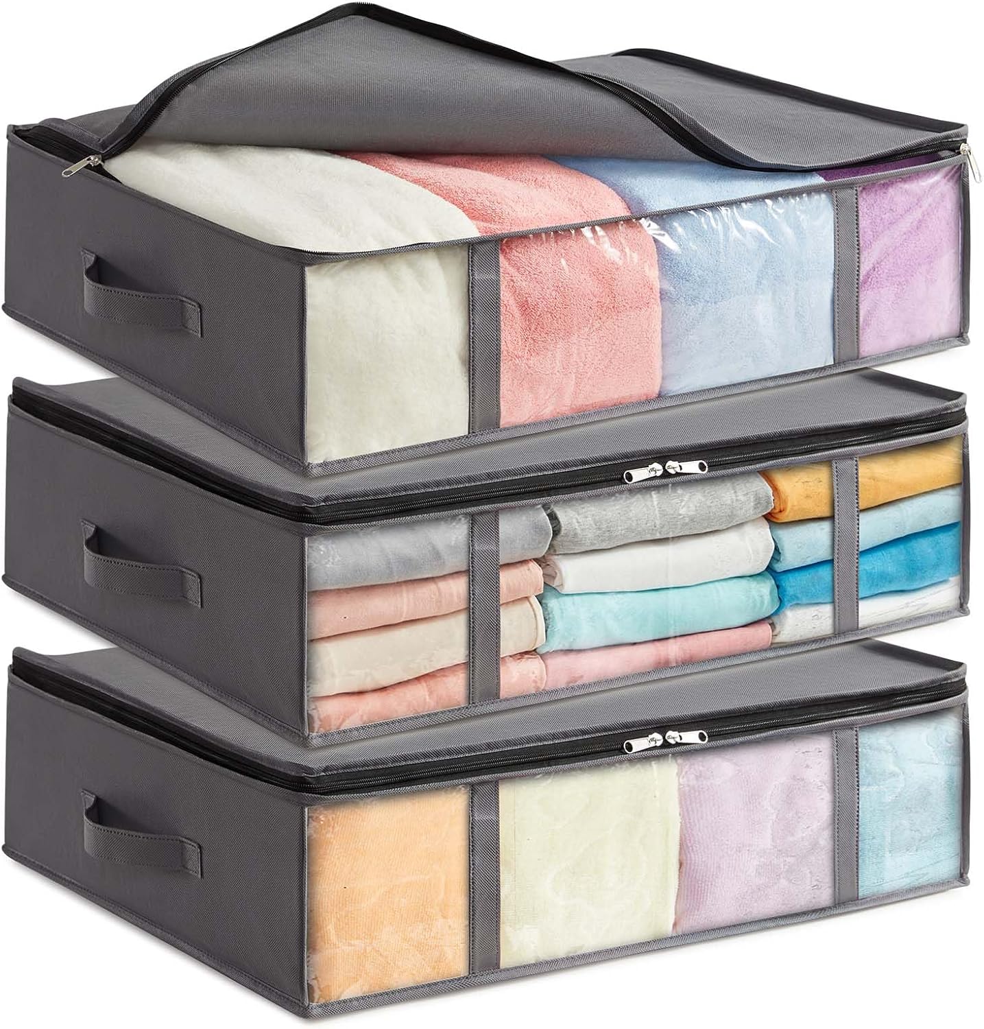 Sacs De Rangement Sous Lit,housse Rangement Couette, Organisateur Placard Avec Fenêtre Transparente Pour Serviettes, Couvertures, Gris, 35 L, Lot De 3