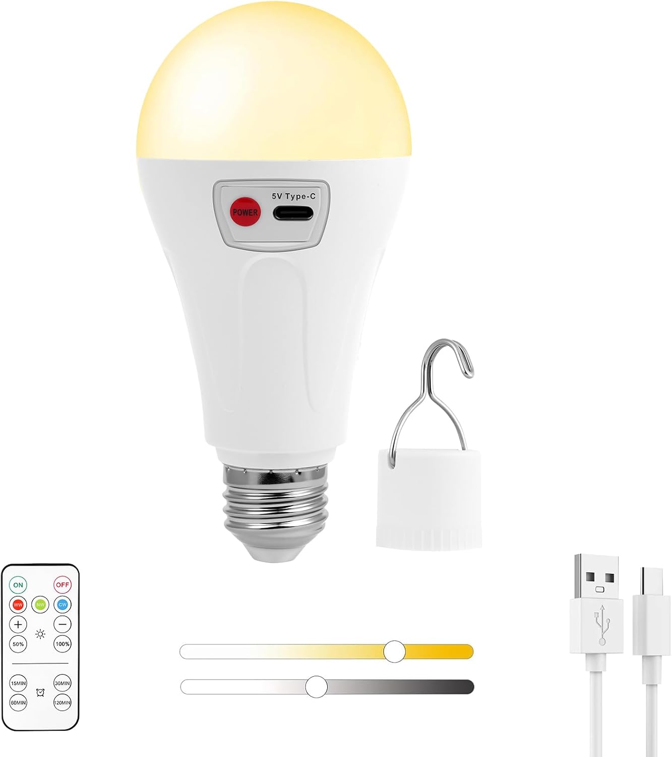 Ampullen, Wiederaufladbar, Usb, E27, 7 W, Intelligente Ampulle, 3 Farbtemperaturen, Intensität Variabel, 2000 Mah, Für Camping, Feste, Dringlichkeit