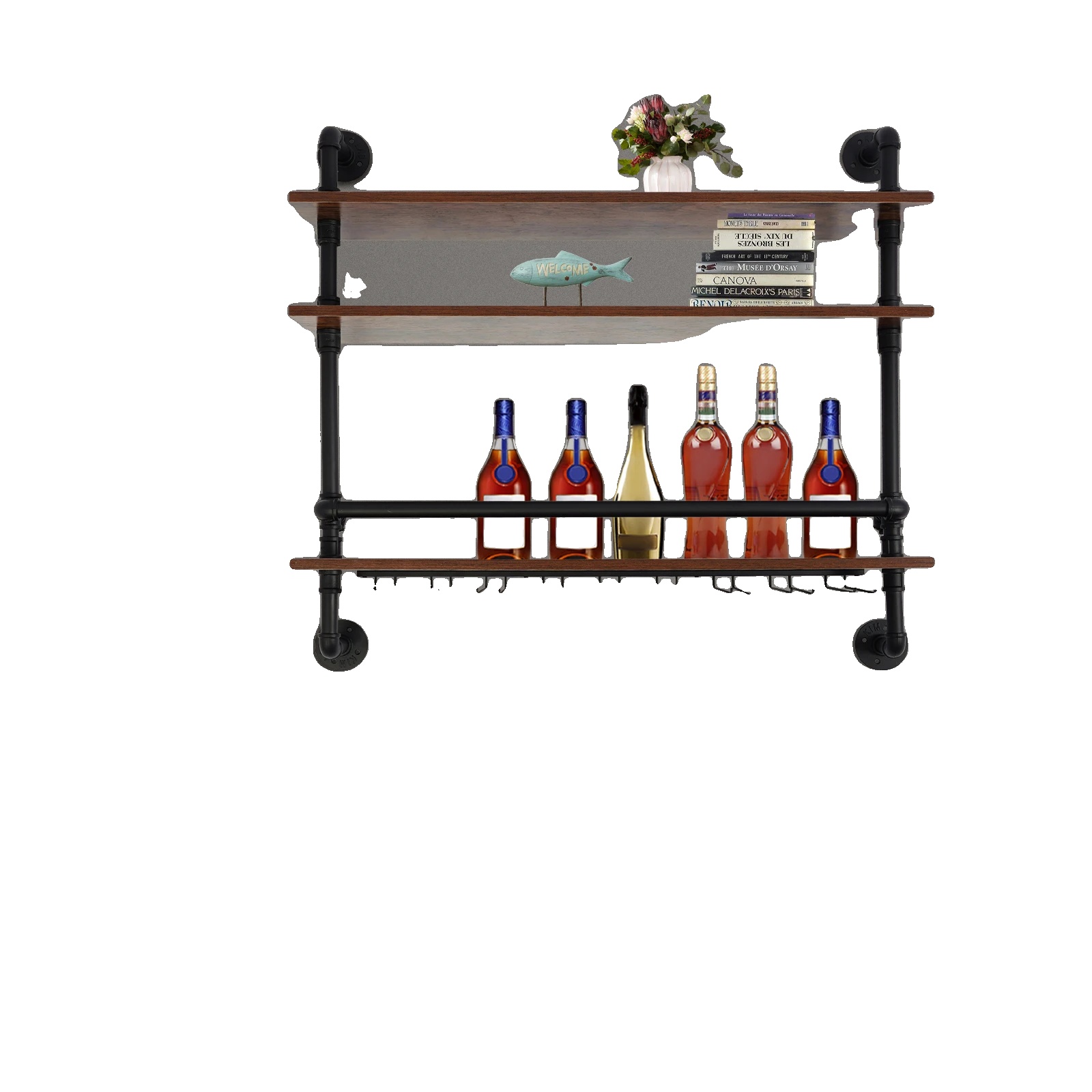Dreistöckiges, Wandmontiertes Weinregal Aus Holz Und Eisen, Maße 92 X 20 X 89 Cm, Bruttogewicht 9 Kg, Industriestil