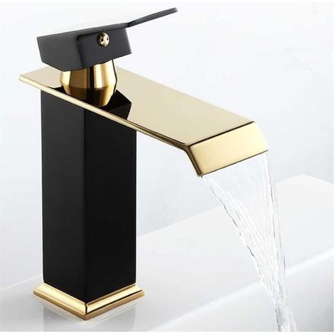 Einloch-waschtischarmatur, Mattschwarz-gold – Armatur Aus Massivem Messing Mit Wasserfallauslauf – Einfache Einlochmontage – Für Badezimmerwaschbecken