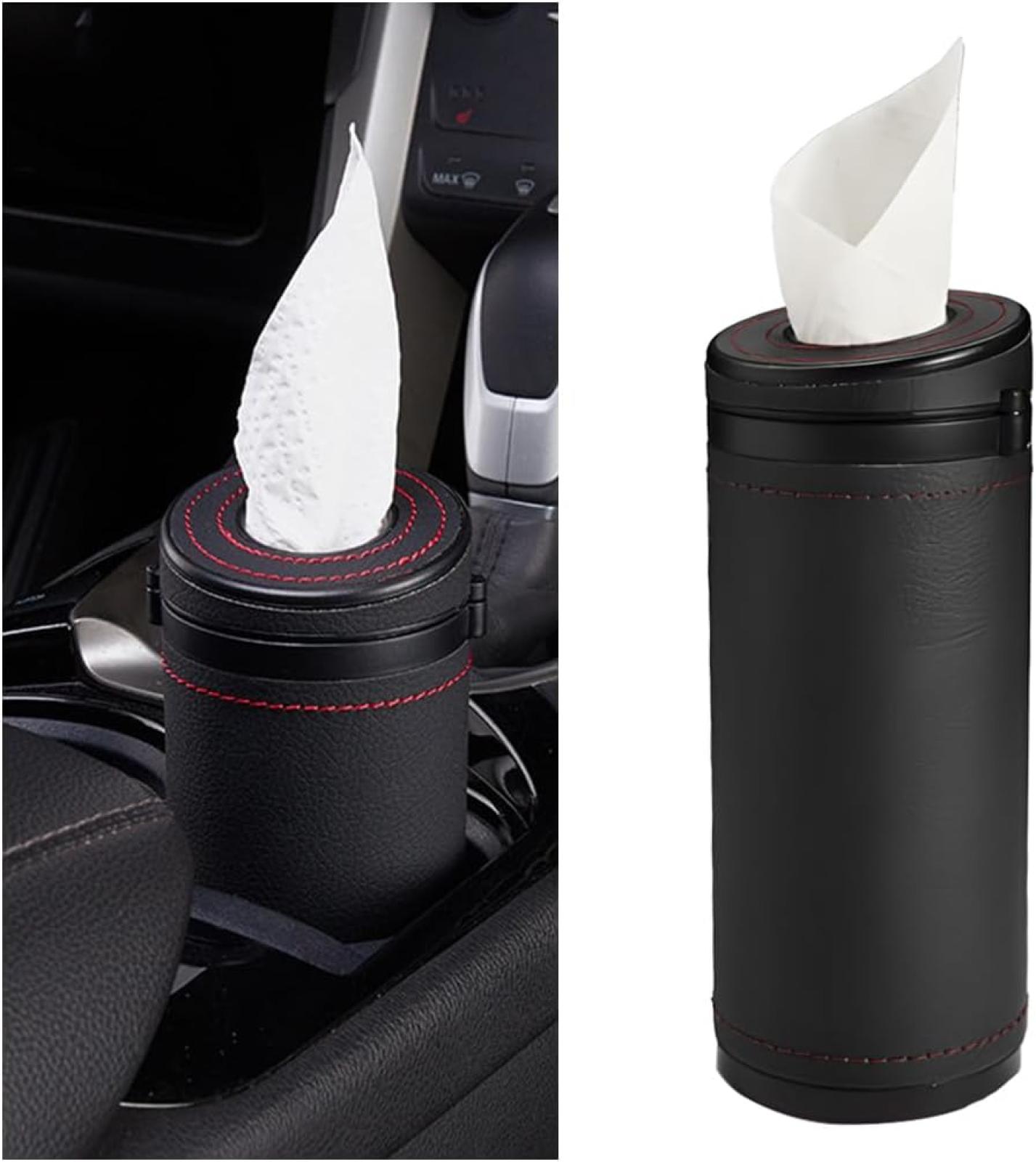 Auto-taschentuchbox Aus Pu-leder, Auto-becherhalter, Multifunktionaler Runder Taschentuchhalter, Autozubehör (schwarz)