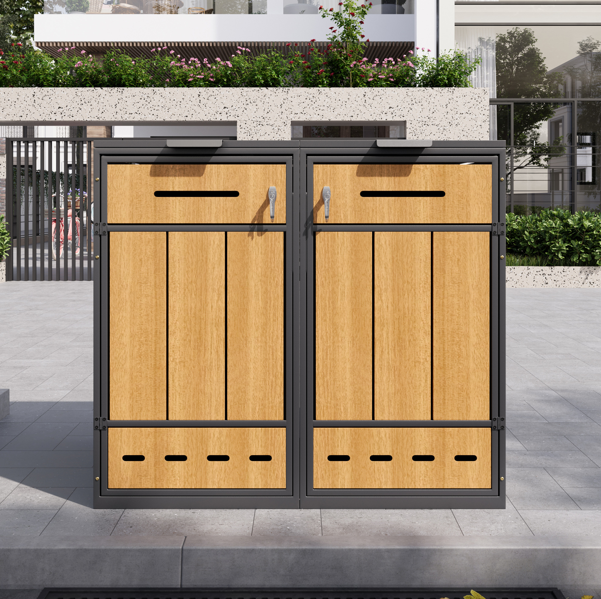 Mülltonnenbox 132x84.5x118 Cm, Für 2 Abfallbehälter, Klappdeckel Und Fronttür, Stahl, Grau Holzoptik