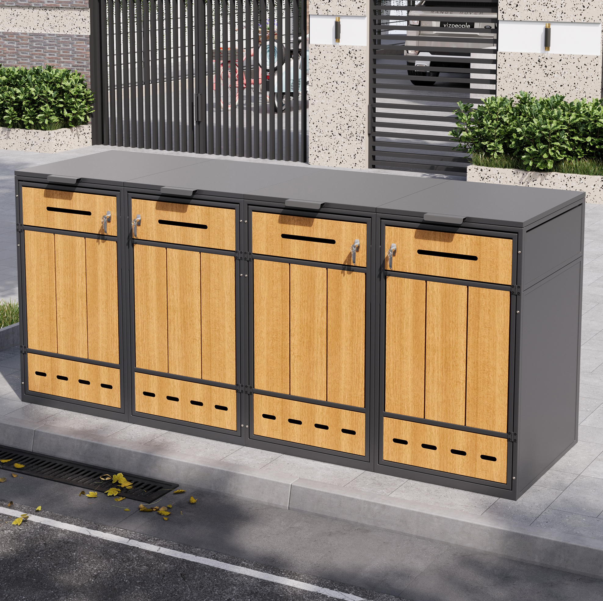 Mülltonnenbox Für 4 Behälter, Klappdeckel Und Fronttür, Belüftungslöcher, Stahl, Grau Und Holzoptik