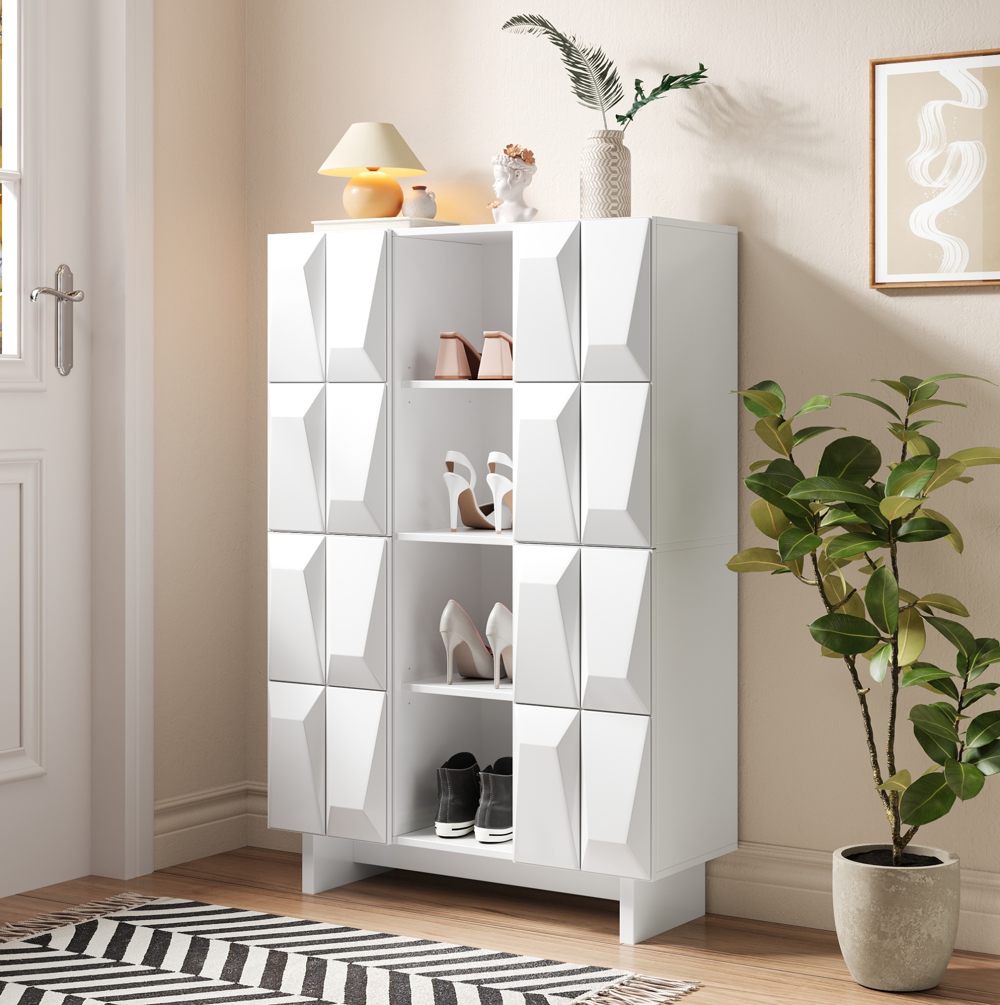Vitrine Schuhschrank (90.5 X 34 X 135.5 Cm), Mit 12 Fächern, Türen Mit Rautenrelief, Spanplatte, Weiß