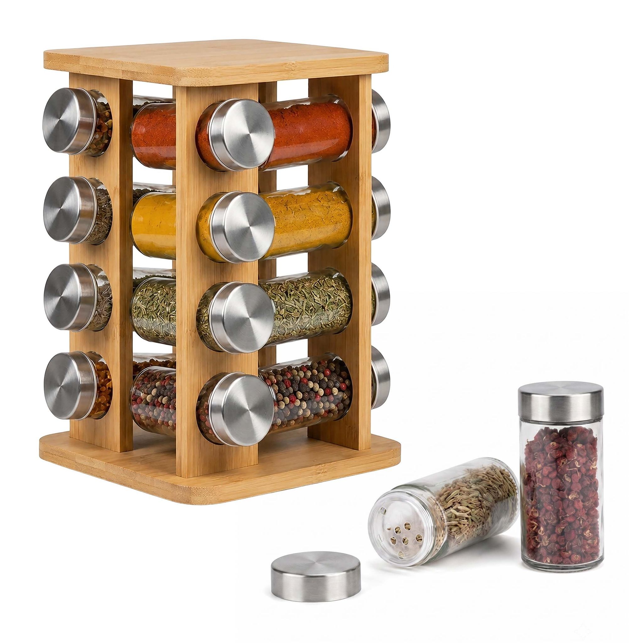 Relaxdays Gewürzkarussell, 16 Gewürzgläser, 360° Drehbarer Gewürzständer, Hbt: 27x17x17 Cm, Bambus, Gewürzregal, Natur