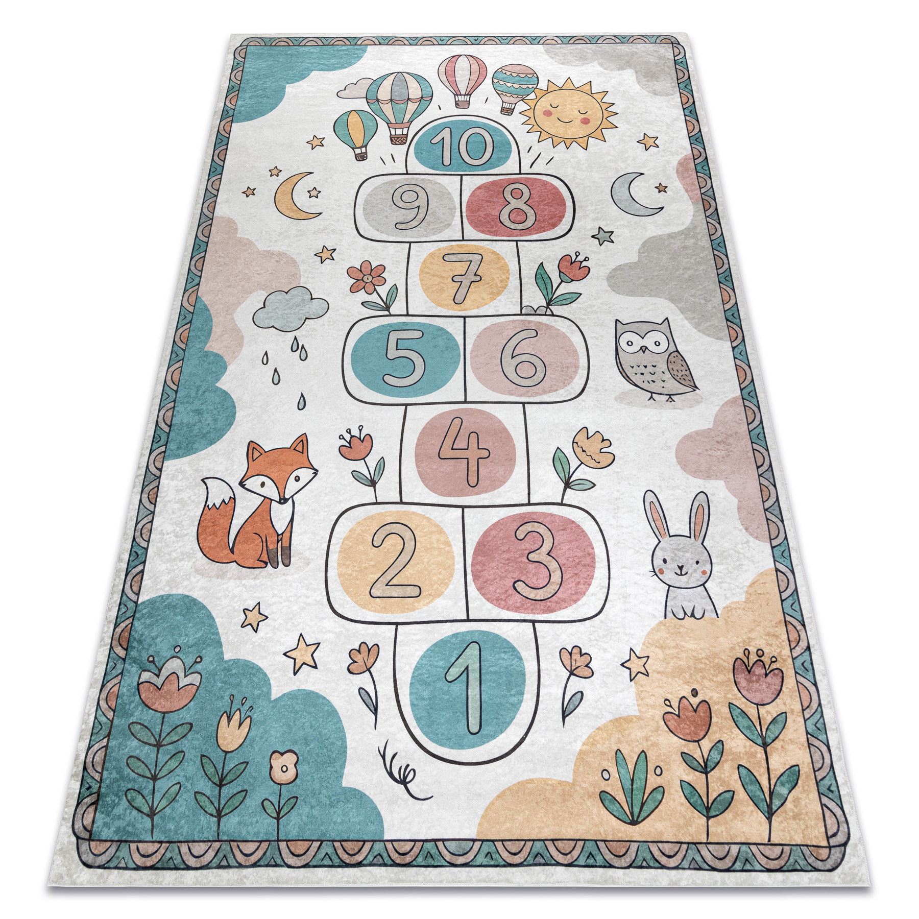 Bambino 61440 Waschteppich Himmel, Zahlen, Ballons Für Kinder Anti-rutsch - Creme / Grün Beige 200x290 Cm